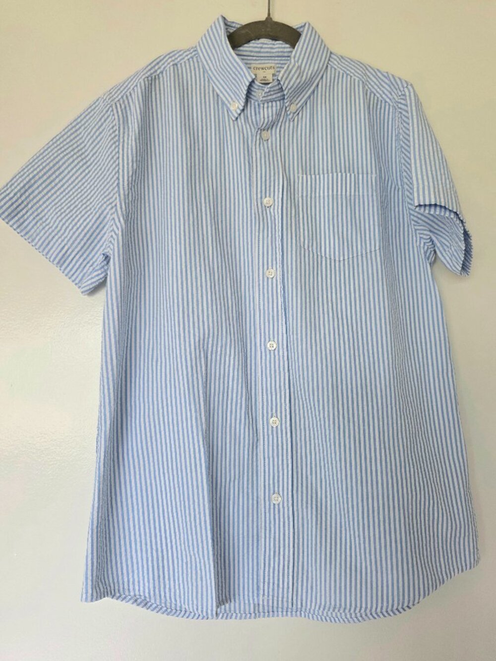 J.Crew Crewcuts 100% Cotton Seersucker Blue White Stripe Shirt Boy's Size 14